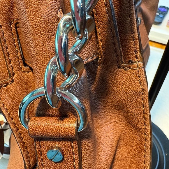 Michael Kors Brown Leather Satchel with Striped Scarf NWOT - Picture 7 of 13